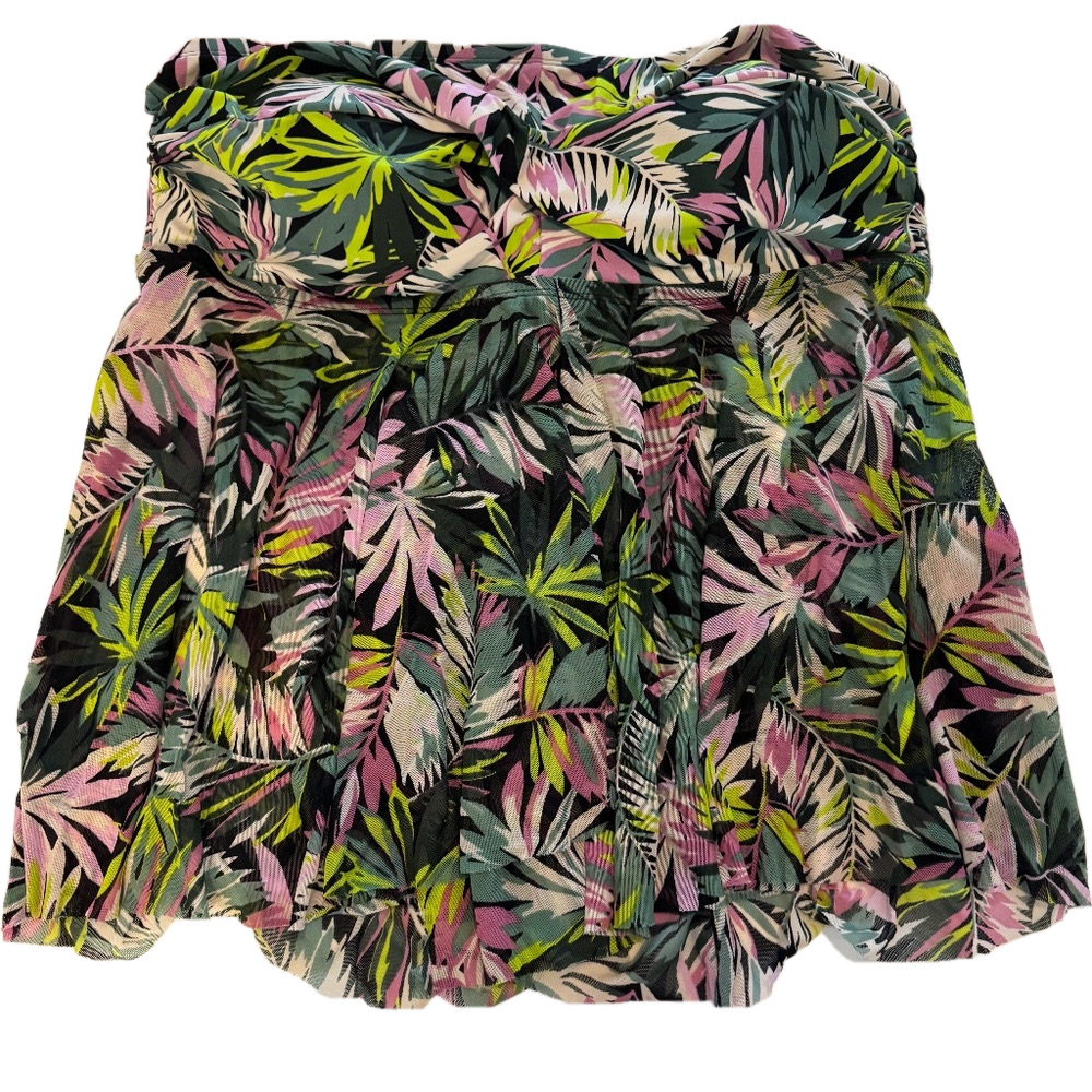 Kona Sol Strapless Swim Top in Black with Pink, Green and Yellow Leaf Print